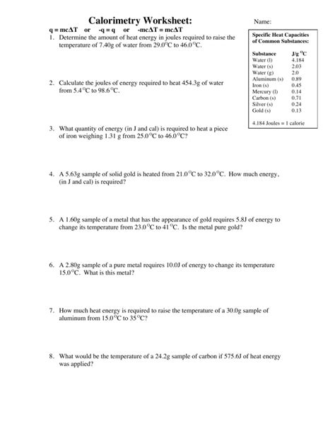 heat and calorimetry worksheet answer key